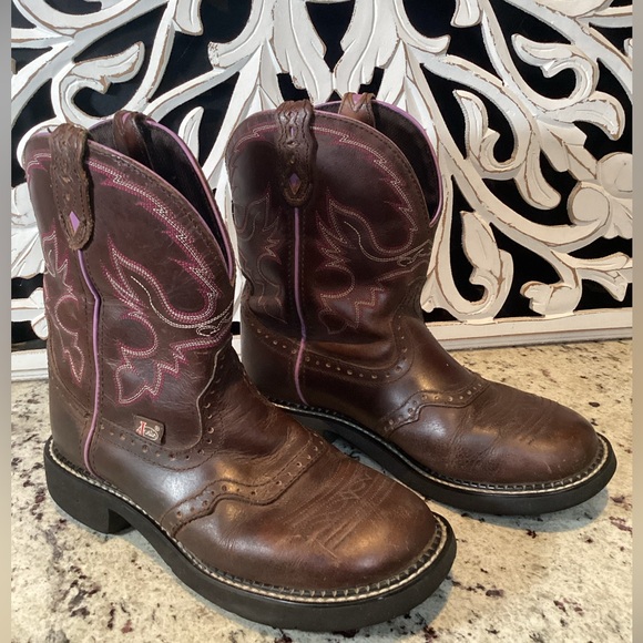 Justin Gypsy Cowgirl Brown Leather Pink Trim Detail Western Boots Size 8.5 - Picture 4 of 12
